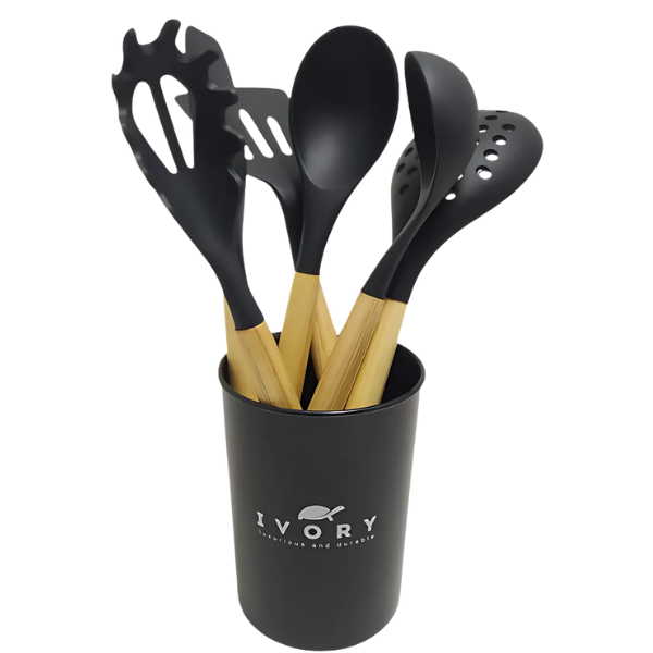 Ivory Doğal Bambu Saplı Silikon Mutfak Seti 6 Parça Siyah